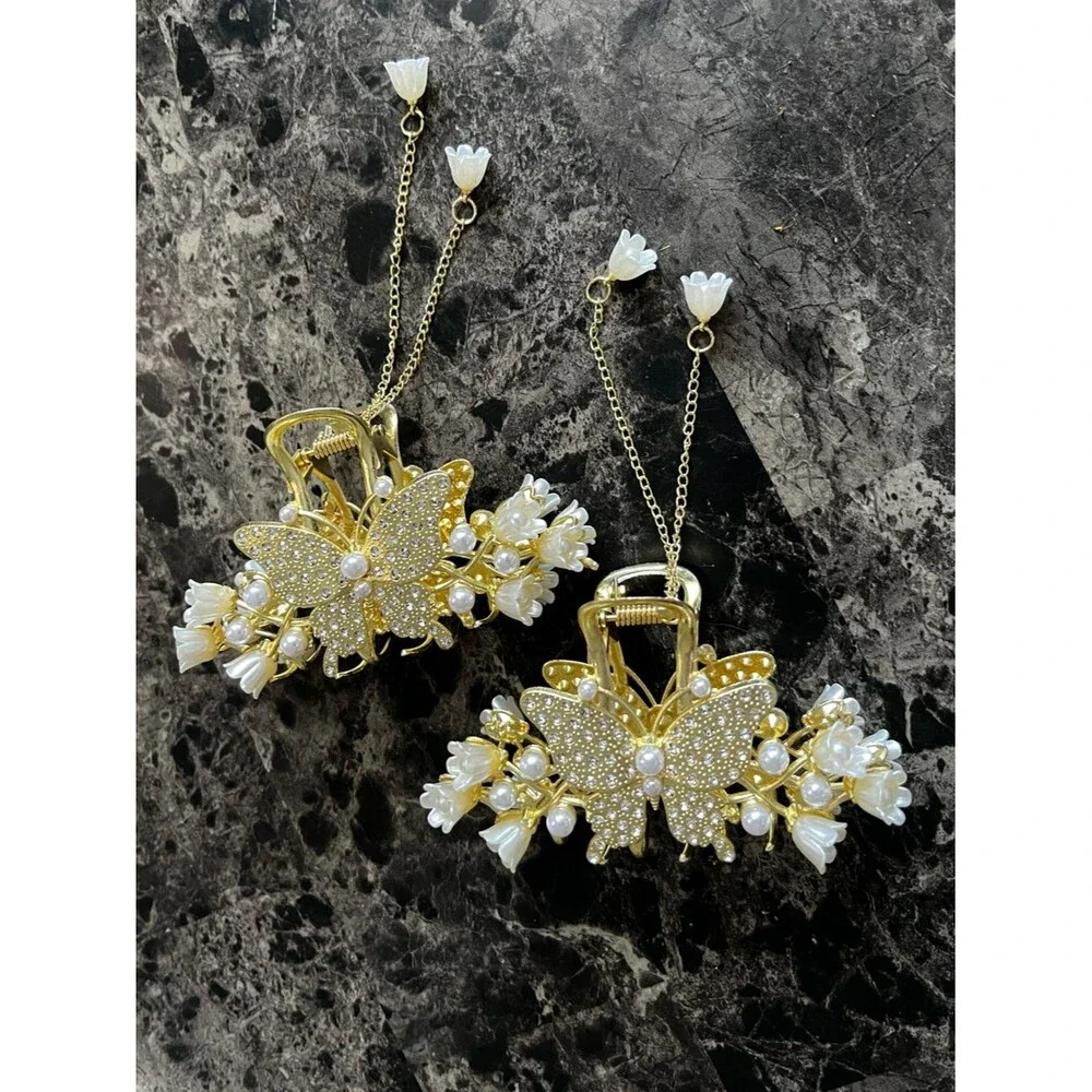 Gold Butterfly Pearl Floral Claw  Hair Clips Party Dangle Chain Accents Set of 2